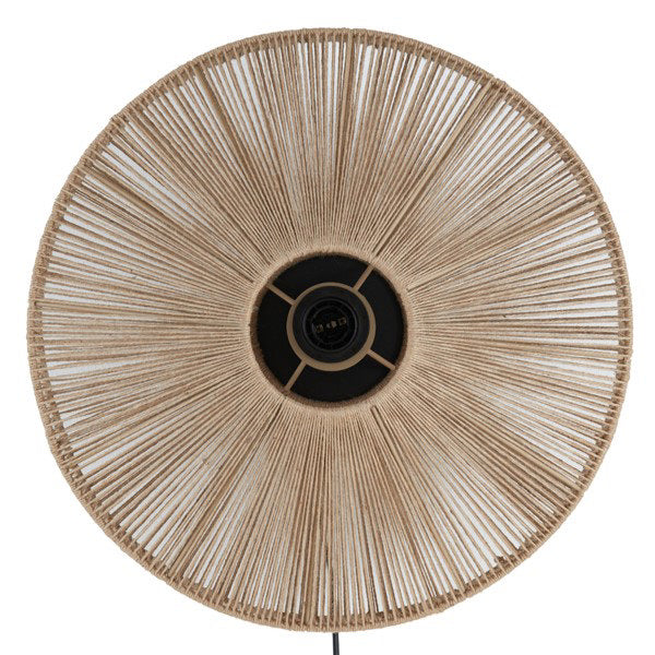image cut out on white background of circular woven light with central light bulb switched off