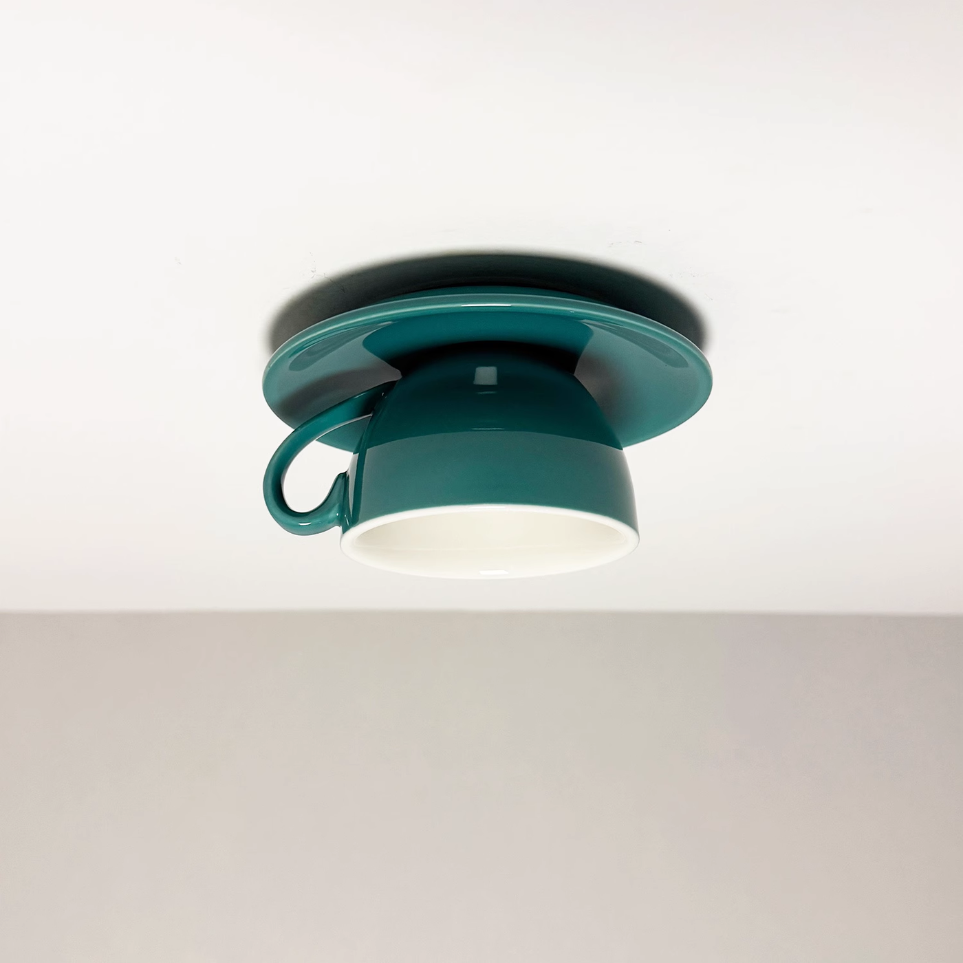 Glazed Ceramic Bowl Flush Ceiling Light, Teal Finish, Playful Handle Detail, Set of 2, Bedroom, Living Room & Dining Room