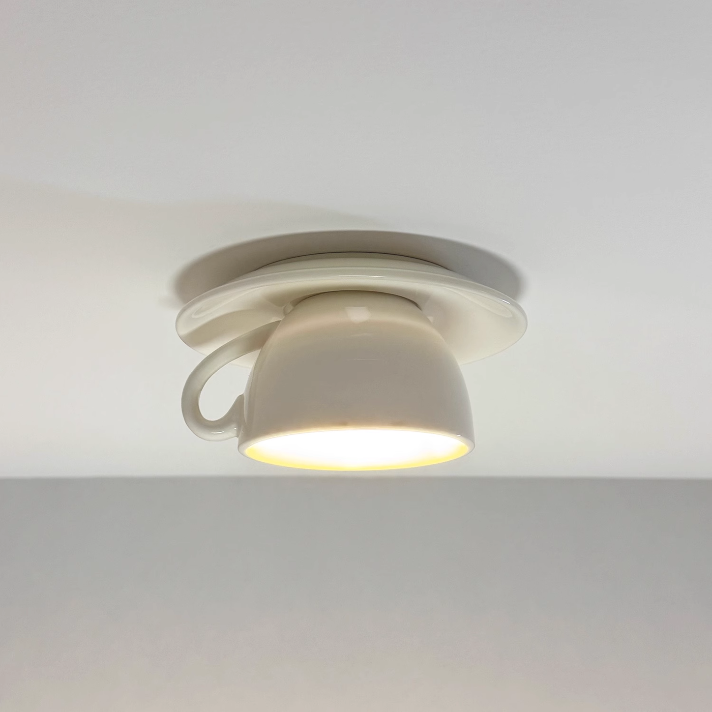 Glazed Ceramic Bowl Flush Ceiling Light, White Finish, Playful Handle Detail, Set of 2, Bedroom, Living Room & Dining Room
