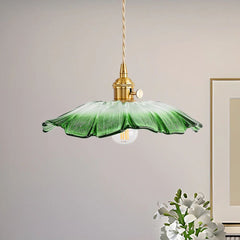 Fluted Green Ombre Glass Cone Pendant Light, Scalloped Rim, Brass Lamp Holder with a Switch, Dining Room & Living Room