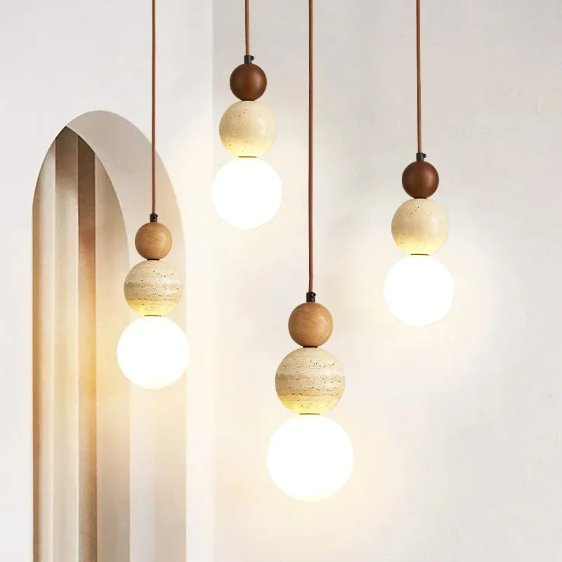Natural Stone & Wood Pendant Light – Contemporary Bauhaus Style