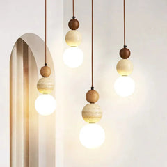 Natural Stone & Wood Pendant Light – Contemporary Bauhaus Style