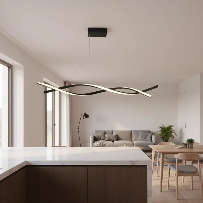 Twisted Aluminium Linear Bar Pendant Light, Matt Black Ribbon with Integrated LED, Kitchen Island, Dining Table & Home Office