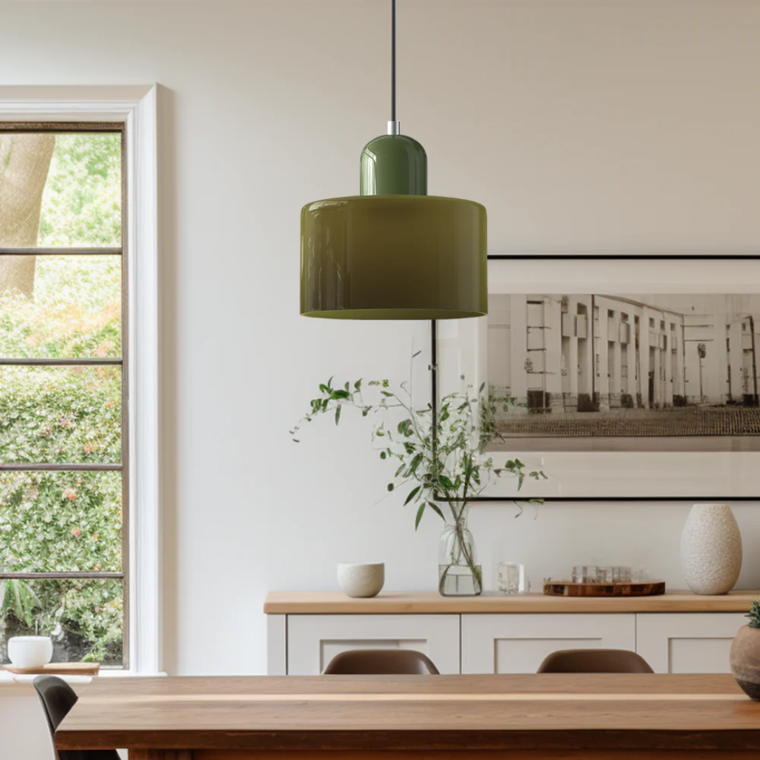 Retro pendant light – Dark green and orange glass shade for a dining table or reading nook, adjustable length up to 150 cm