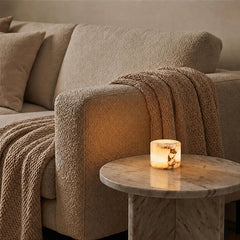 Polished Marble Cylinder Table Lamp, Black and Ivory Marble Finish with Natural Veining, Bedside, Console & Hallway
