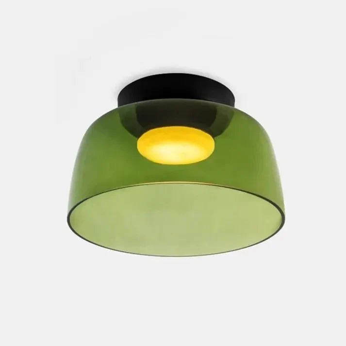 Olive Glass Bowl Semi Flush Ceiling Light, Matt Black Canopy, 32cm Single Layer Shade, 16cm Drop, Dining Room & Living Room