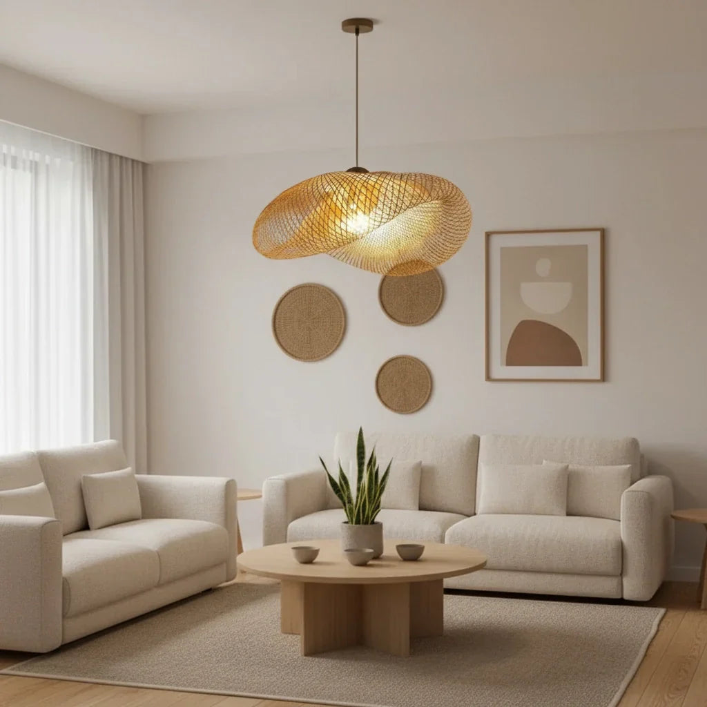Hand-Woven Natural Rattan Pendant Light – Japandi / Wabi-Sabi Style