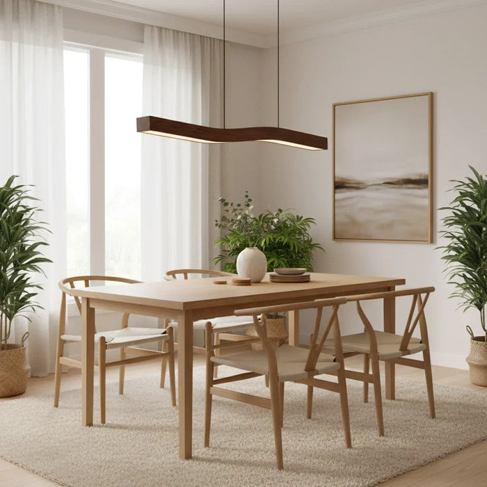 Curved Wood Linear Bar Pendant Light, Dark Grain Finish, Integrated LED Underside Strip, Dining Table, Kitchen Island & Home Office