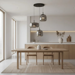 Smoked Glass Trio Pendant Light, Three Staggered Drums, Brushed Brass Stems, Set of 2, Kitchen Island & Dining Table