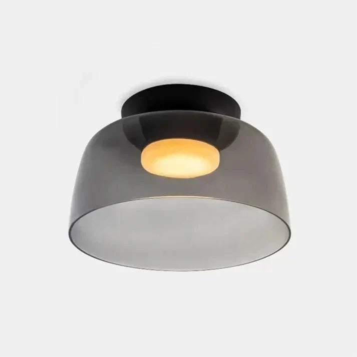 Grey Glass Bowl Semi Flush Ceiling Light, Matt Black Canopy, 32cm Single Layer Shade, 16cm Drop, Dining Room & Living Room