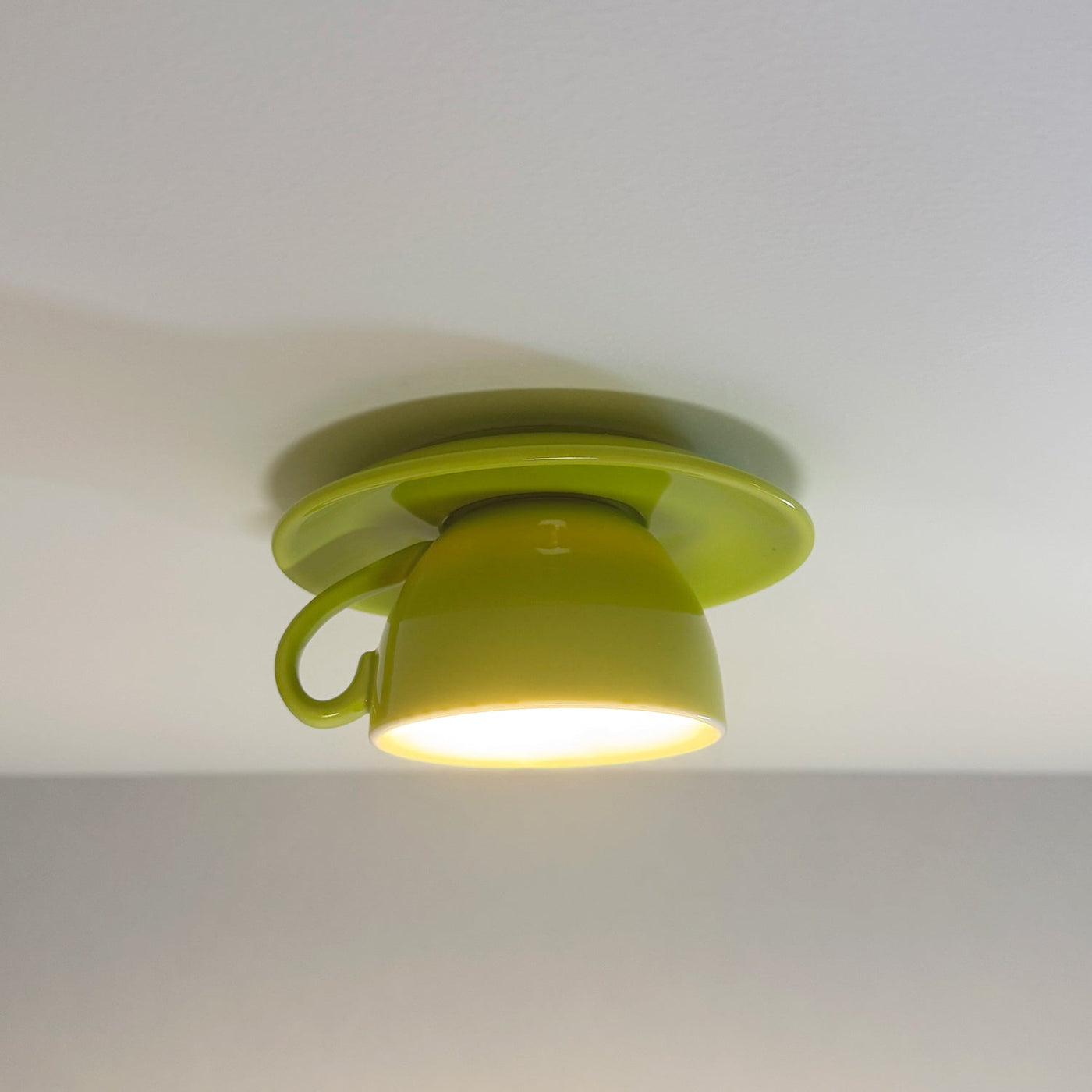 Glazed Ceramic Bowl Flush Ceiling Light, Olive Finish, Playful Handle Detail, Set of 2, Bedroom, Living Room & Dining Room
