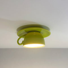 Glazed Ceramic Bowl Flush Ceiling Light, Olive Finish, Playful Handle Detail, Set of 2, Bedroom, Living Room & Dining Room