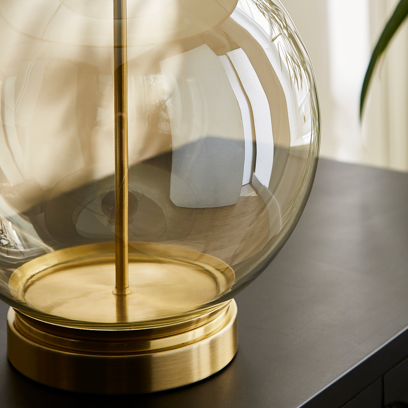 Clear Glass Sphere Table Lamp, Camel Tapered Fabric Shade, Brass Base and Neck, Living Room, Bedroom & Console