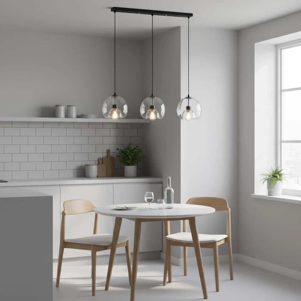 Clear Glass Dome Pendant Light, 3 Lights in a Row, Matt Black Cap and Brass Holder, Dining Table & Kitchen Island