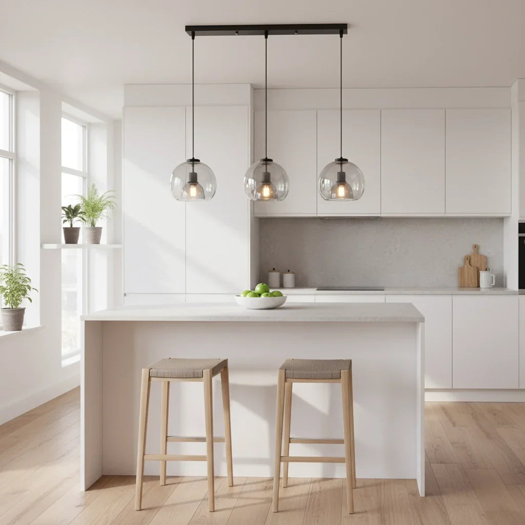 Smoked Glass Dome Pendant Light, 3 Lights in a Row, Matt Black Cap and Brass Holder, Dining Table & Kitchen Island