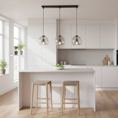 Smoked Glass Dome Pendant Light, 3 Lights in a Row, Matt Black Cap and Brass Holder, Dining Table & Kitchen Island