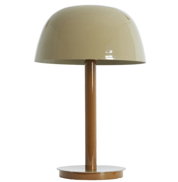 image of brown lamp with beige semi-circular iron shade