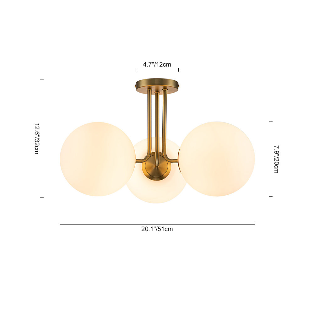 Brass Sputnik Semi Flush Mount with Frosted Opal Globe