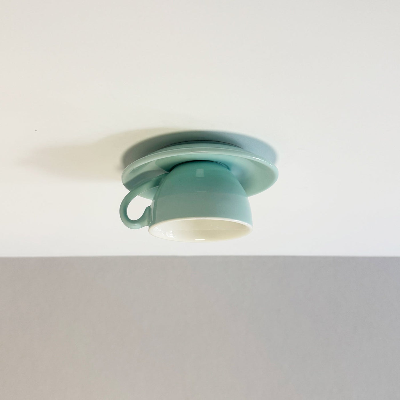 Glazed Ceramic Bowl Flush Ceiling Light, Sky Blue Finish, Playful Handle Detail, Set of 2, Bedroom, Living Room & Dining Room