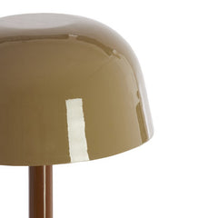close up image of sand coloured iron lamp shade on retro brown floor lamp