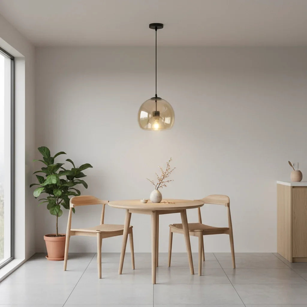 Amber Glass Dome Pendant Light, 1 Light, Matt Black Cap, Brass Holder, Flex Suspended, Dining Table & Kitchen Island