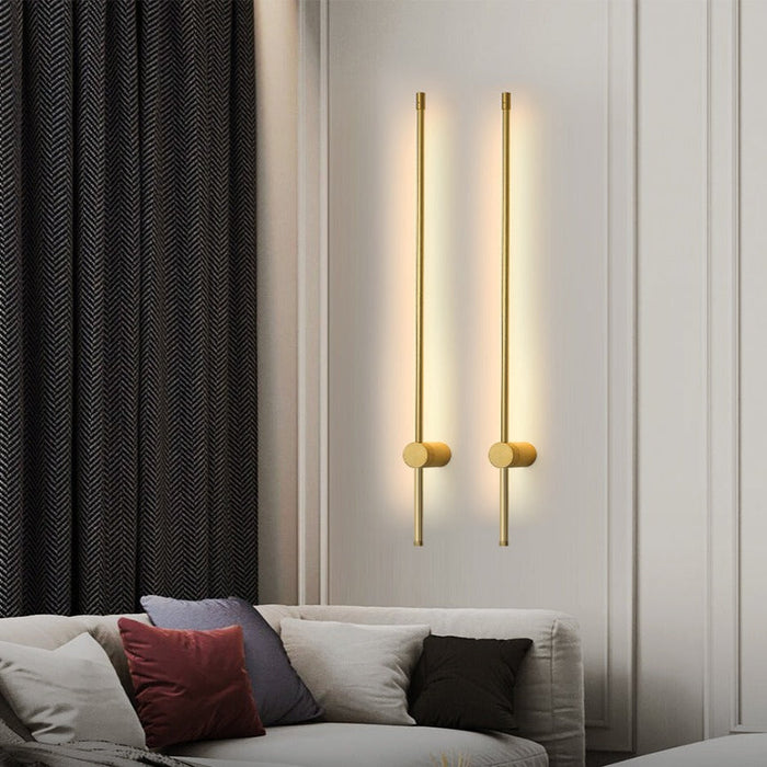 Slim Linear Bar Wall Light, Integrated LED Strip, Brass Tube on a Round Wall Mount, Bedside, Living Room & Hallway