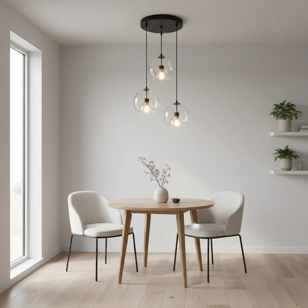 Clear Glass Dome Pendant Light, 3 Lights Staggered, Matt Black Cap and Brass Holder, Dining Table & Kitchen Island