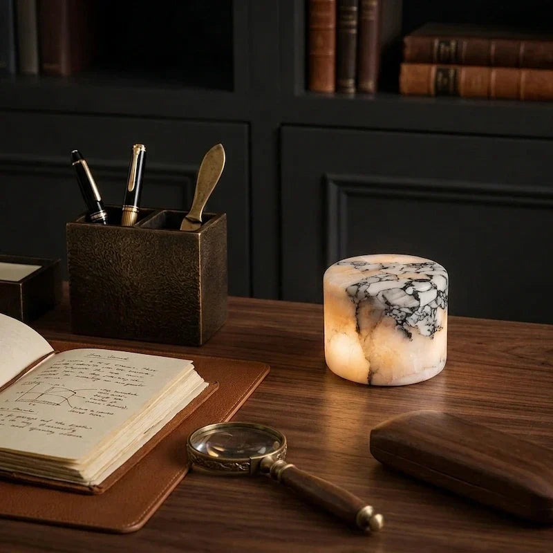 Marble Lamp – Handmade, White with Unique Veins for Modern Interiors and Ambient Lighting