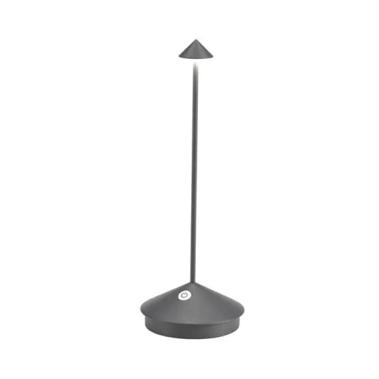 Cordless Cone Table Lamp, Rechargeable Integrated LED, Turned Metal Base in Grey, Portable, Bedside & Dining Table