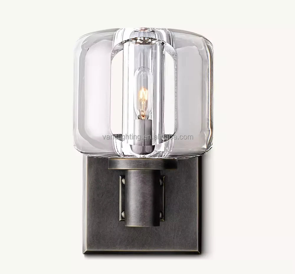 Faceted Crystal Block Wall Light, Bronze Finish, Rectangular Backplate with Double Bar Arm, Bedroom & Hallway