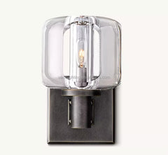 Faceted Crystal Block Wall Light, Bronze Finish, Rectangular Backplate with Double Bar Arm, Bedroom & Hallway