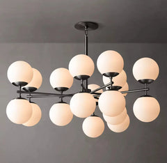 Opal Glass Cluster Chandelier, Black Finish, 51.75" Diam. 24.5"h, A Grid of Opal Glass Spheres, Dining Room & Living Room