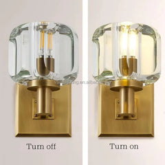 Faceted Crystal Block Wall Light, Bronze Finish, Rectangular Backplate with Double Bar Arm, Bedroom & Hallway