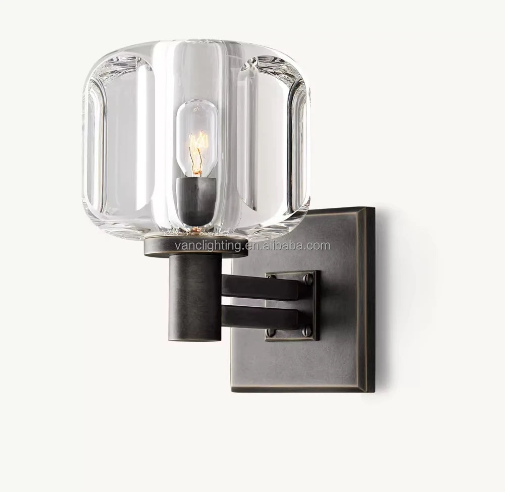 Faceted Crystal Block Wall Light, Bronze Finish, Rectangular Backplate with Double Bar Arm, Bedroom & Hallway