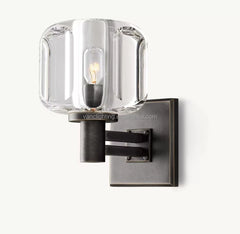 Faceted Crystal Block Wall Light, Bronze Finish, Rectangular Backplate with Double Bar Arm, Bedroom & Hallway