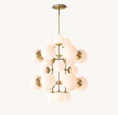 Opal Glass Cluster Chandelier, Black Finish, 51.75" Diam. 24.5"h, A Grid of Opal Glass Spheres, Dining Room & Living Room
