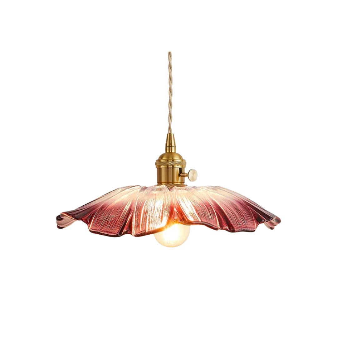 Flower-shaped pendant light – Deep red glass with a gold socket, for the dining room or living room