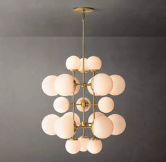 Opal Glass Cluster Chandelier, Black Finish, 51.75" Diam. 24.5"h, A Grid of Opal Glass Spheres, Dining Room & Living Room