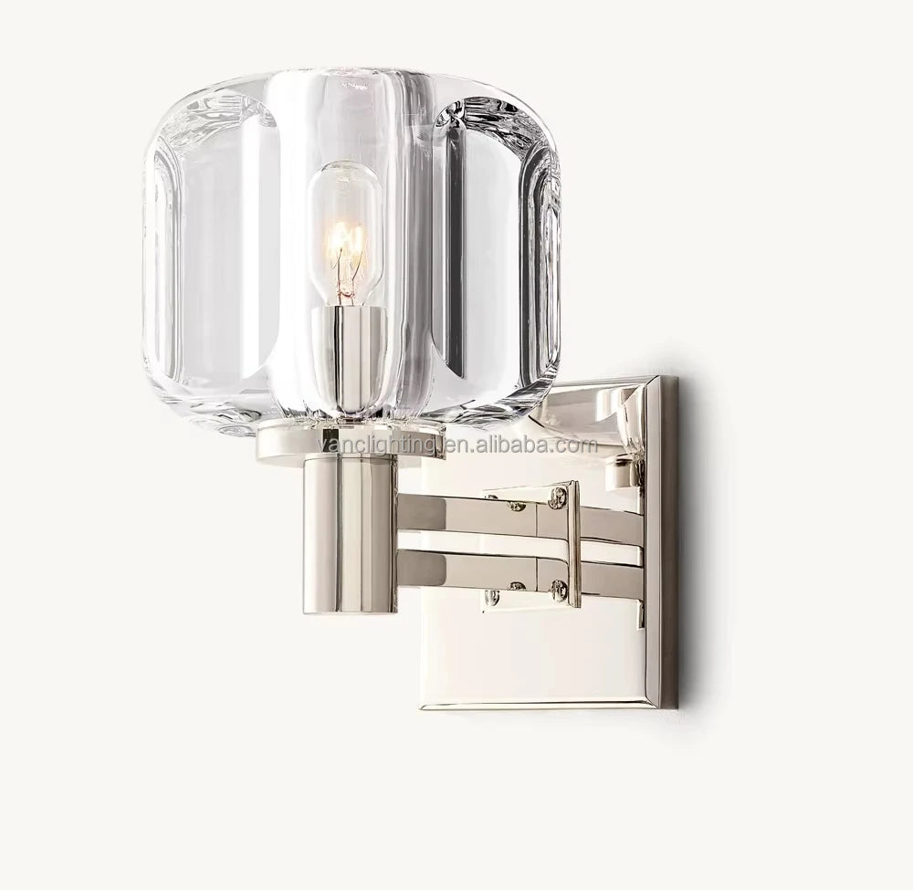 Faceted Crystal Block Wall Light, Bronze Finish, Rectangular Backplate with Double Bar Arm, Bedroom & Hallway