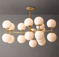 Opal Glass Cluster Chandelier, Black Finish, 51.75" Diam. 24.5"h, A Grid of Opal Glass Spheres, Dining Room & Living Room