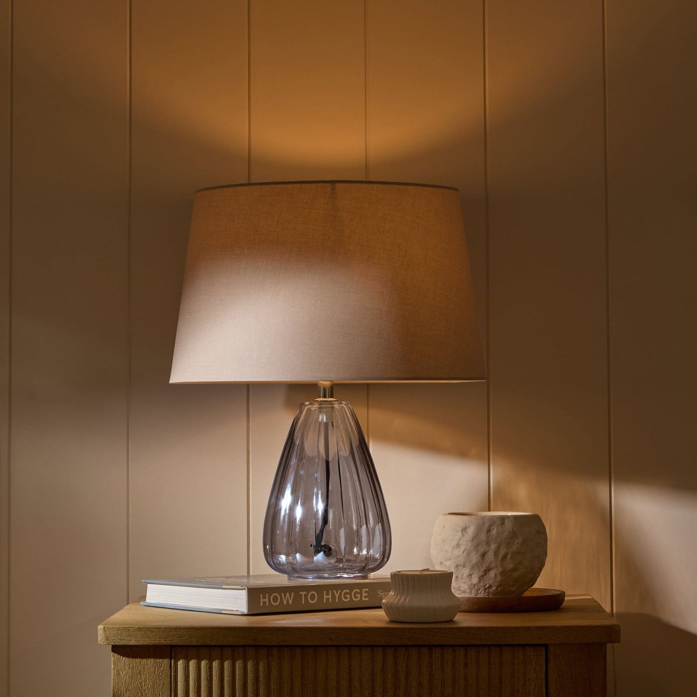 Alma 23cm Glass Lamp Base - Smoke Grey & Coningsby Taupe Cotton Lampshade - 30cm