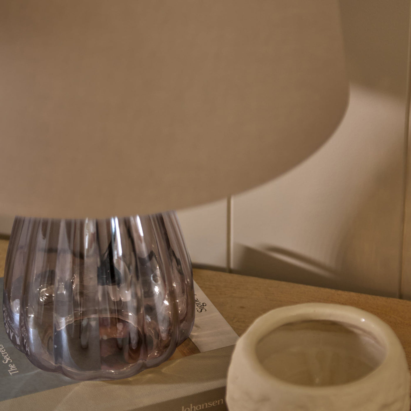 Alma 23cm Glass Lamp Base - Smoke Grey & Coningsby Taupe Cotton Lampshade - 30cm