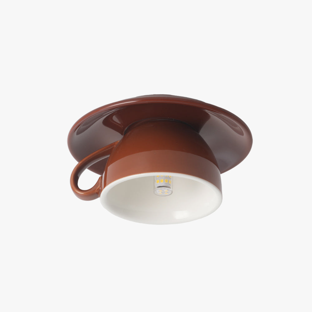Glazed Ceramic Bowl Flush Ceiling Light, Brown Finish, Playful Handle Detail, Set of 2, Bedroom, Living Room & Dining Room