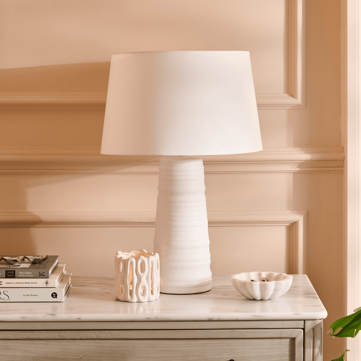 Burleigh 43cm White Ceramic Table Lamp Base & Coningsby Snow White Cotton Lampshade - 35cm
