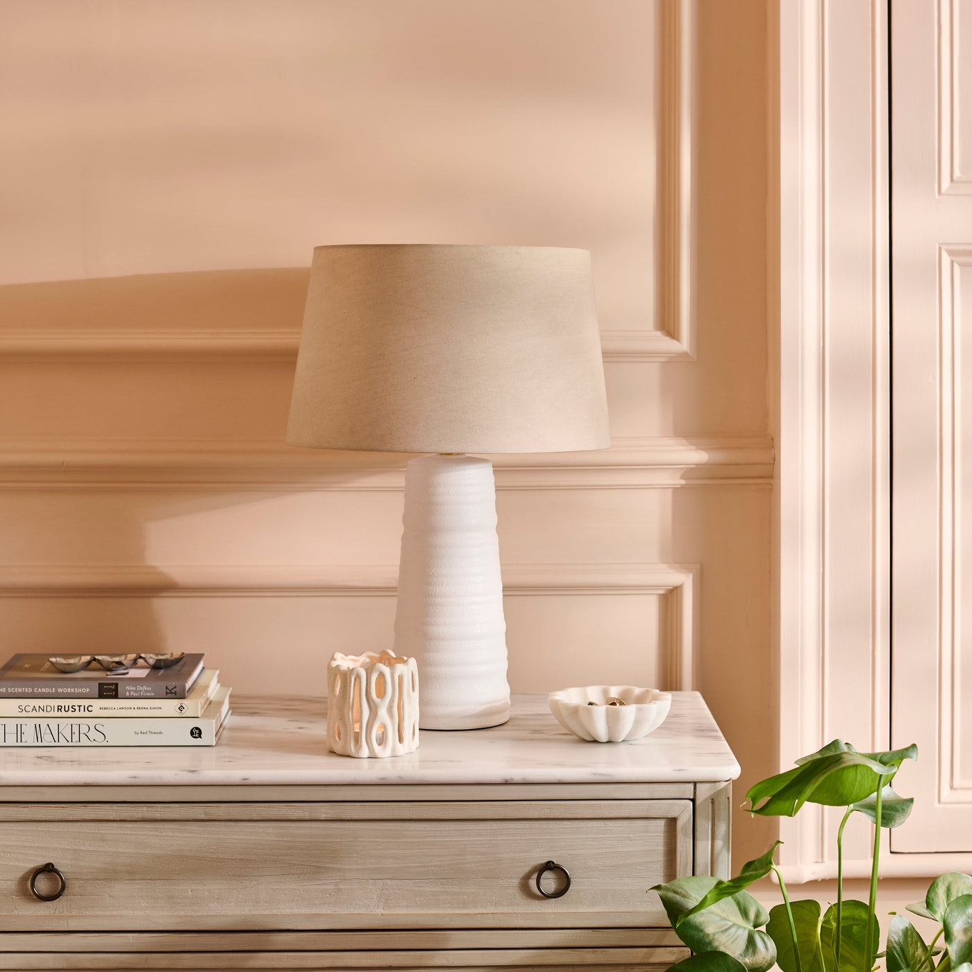 Burleigh 43cm White Ceramic Table Lamp Base & Coningsby Taupe Cotton Lampshade - 35cm