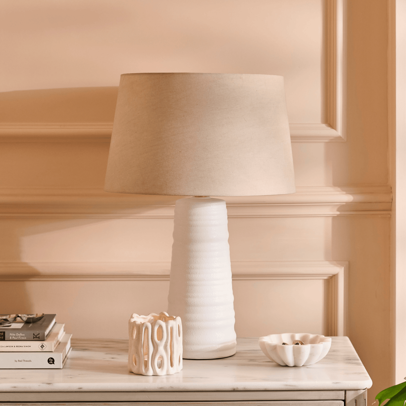 Burleigh 43cm White Ceramic Table Lamp Base & Coningsby Taupe Cotton Lampshade - 35cm