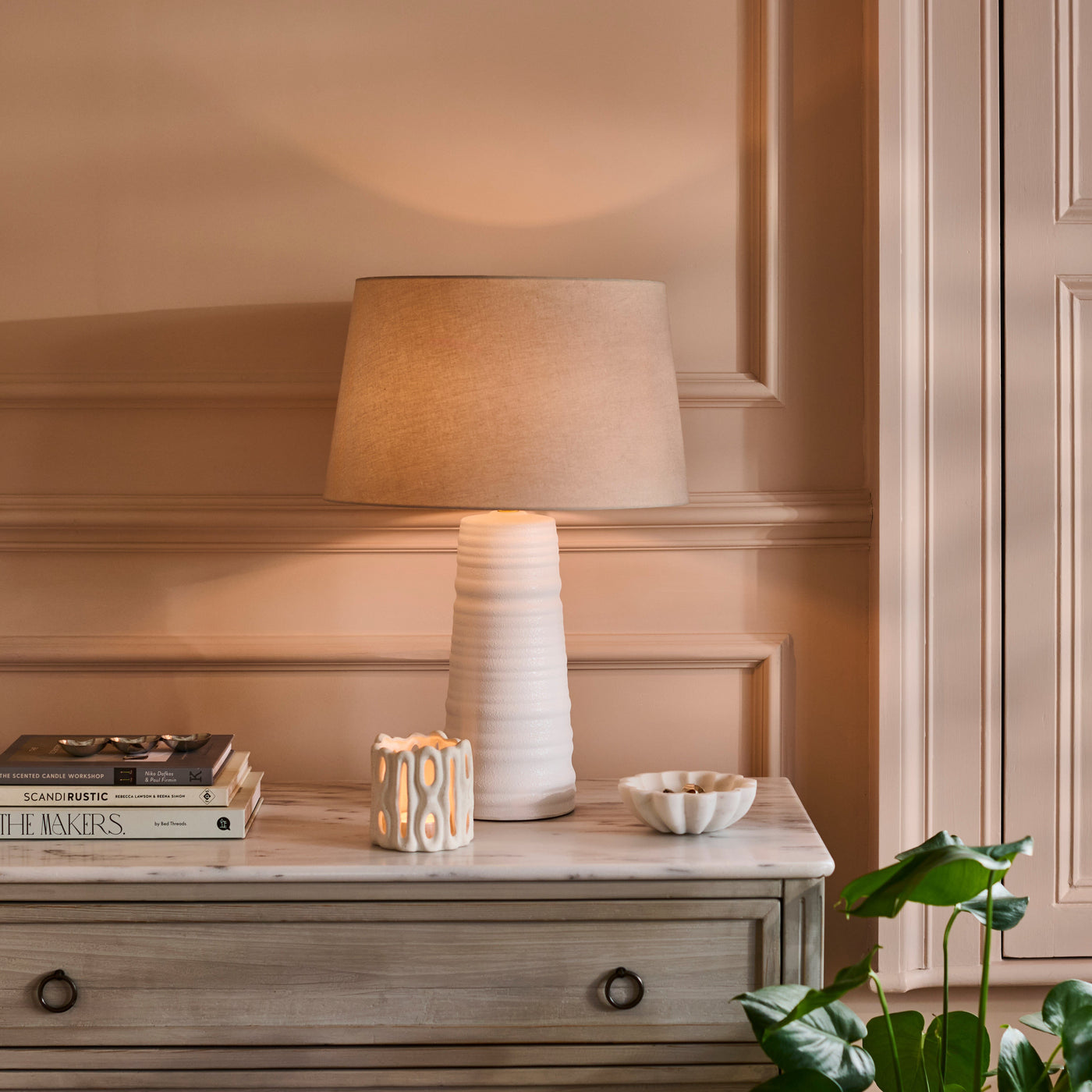 Burleigh 43cm White Ceramic Table Lamp Base & Coningsby Taupe Cotton Lampshade - 35cm
