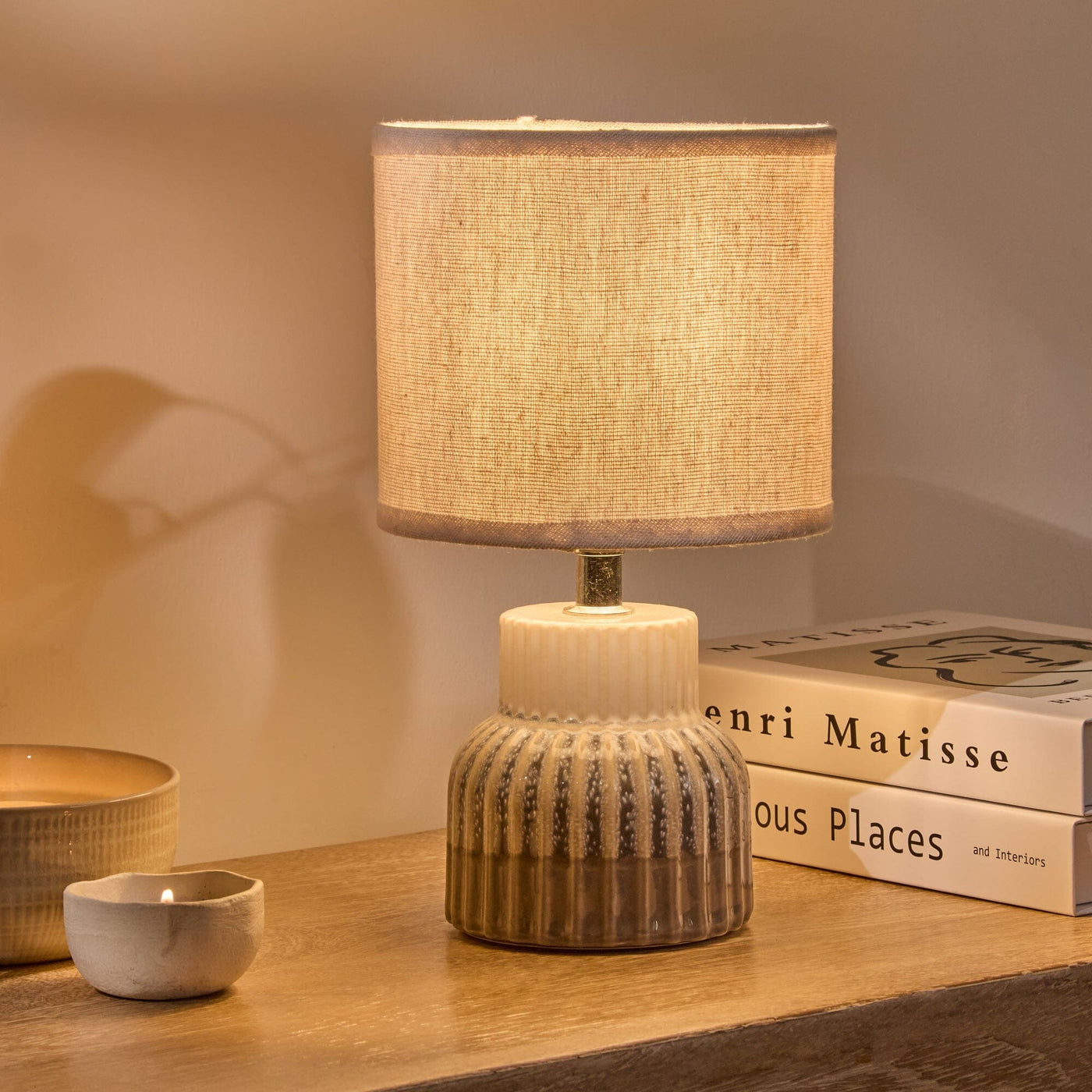 Coates 27cm Blue Ceramic Table Lamp & Cream Linen Shade
