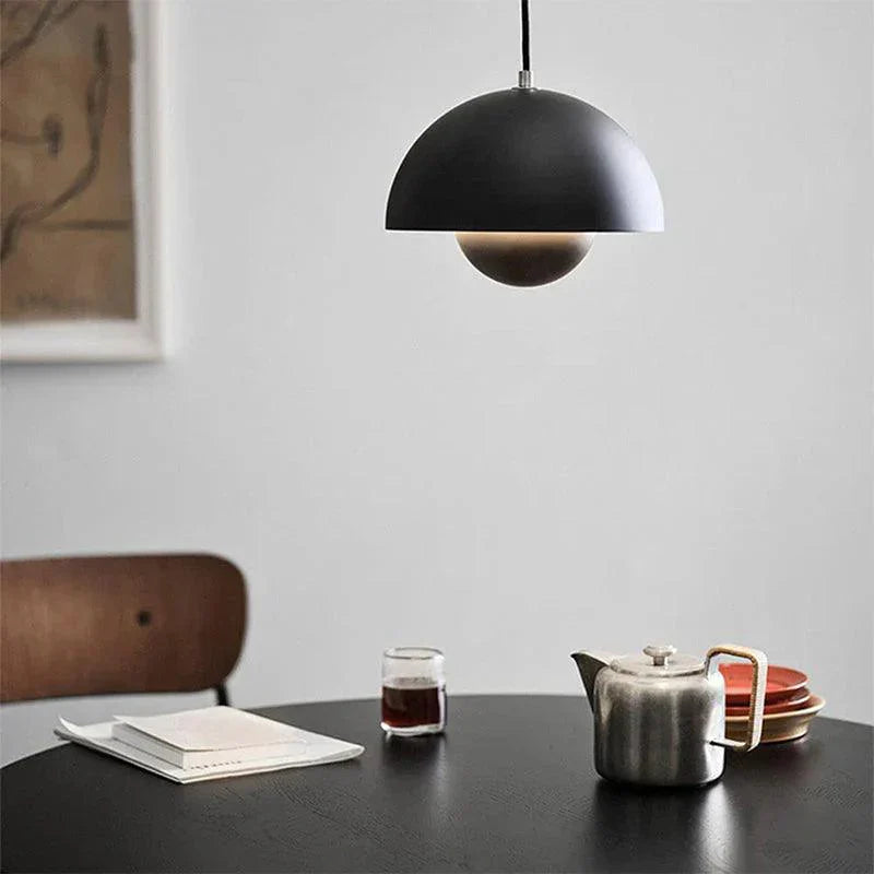 Painted Metal Dome Pendant Light, Half Sphere Shade with an Inner Ball, Gloss Wine Red Finish, 23cm, Dining Room & Living Room