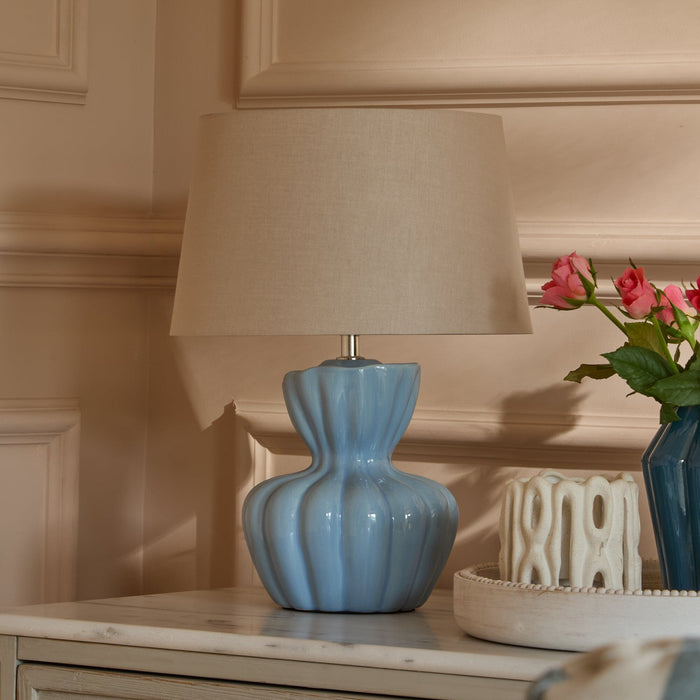 Dawes 30cm Cornflower Blue Ceramic Lamp Base & Coningsby Taupe Cotton Lampshade - 30cm